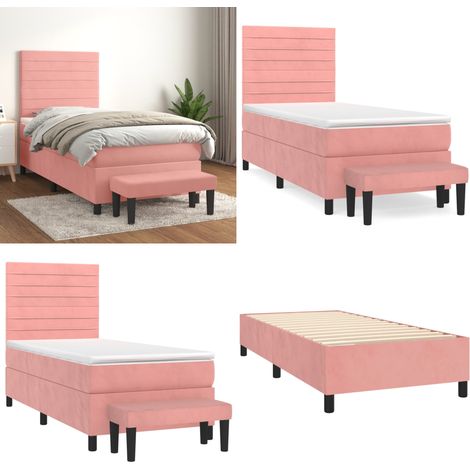 Cama box spring con colchón terciopelo rosa 100x200 cm - Colchón de muelles - Cama con cabecero ajustable