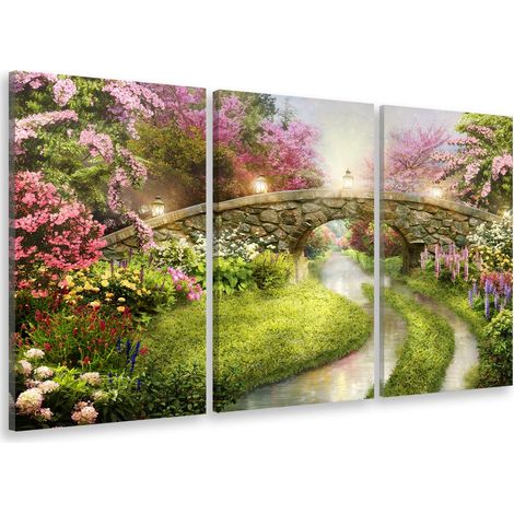 Tableau triptyque paysage illustré pont de pierre - 90x60 cm (1/4)
