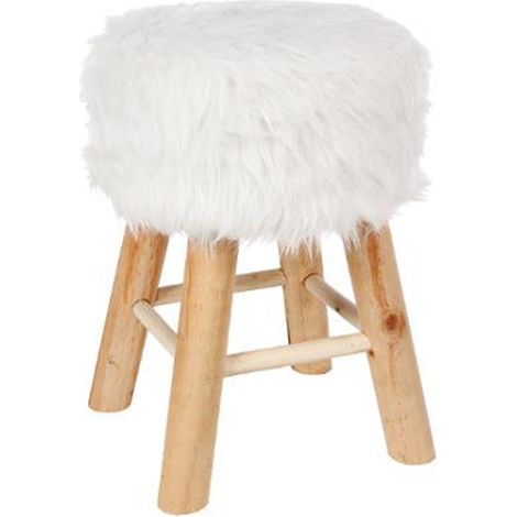 Pegane – Tabouret en pin et polyester imitation fourrure – Dimensions L.30 x l.30 x H.42 cm – Assise D.30 cm – Poids 2,3 kg – Couleur blanc (1/3)