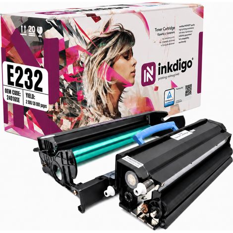 Tamburo + toner Inkdigo 24016SE / 12A8302 compatibile con Lexmark E232, certificato TÜV. (1/5)