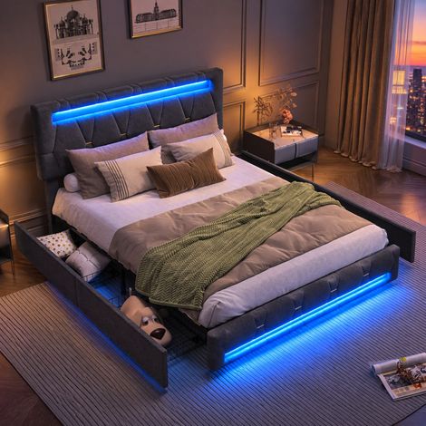 JOOKGBD-Letto matrimoniale 160x200 cm,Letto imbottito con 4 cassetti,testiera imbottita regolabile in altezza,illuminazione LED,rete a doghe inclusa,per adulti e adolescenti,Lino,Grigio (1/5)