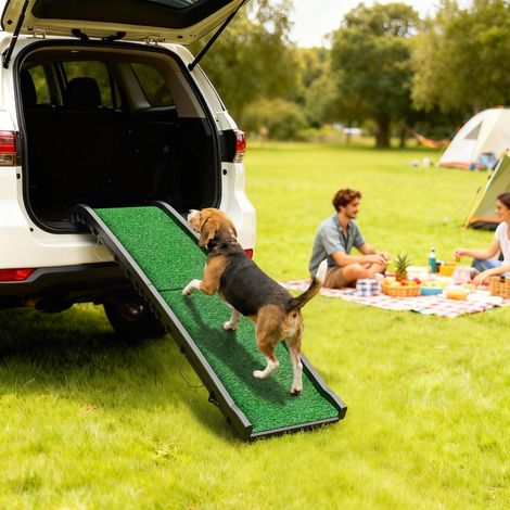 Rampa para Perros con Césped Artificial 155 cm Rampa para Perros para Coche Plegable con Asa Ángulo Ajustable Verde (1/5)