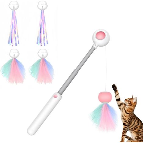 Jouet Chat interactif Rose et Blanc Jouet Chat Jouets Interactifs pour Chats D'intérieur Taquin Rétractable pour Chat Bâton Taquin pour Chat avec Plumes et Longs Pompons (2 Têtes de Remplacement) (1/5)