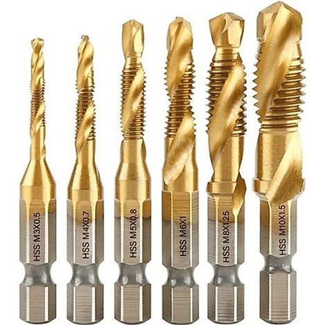Lot de 6 tarauds filetés, foret taraud, filetage métrique M3- M10 avec revêtement titane HSS embouts taraudage 1/ 4" queue fils LO (1/4)