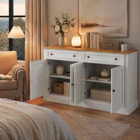 FLORAGRACE Sideboard 150 x 40 x 86 cm en bois blanc et marron clair 4 portes 2 tiroirs (1/5)