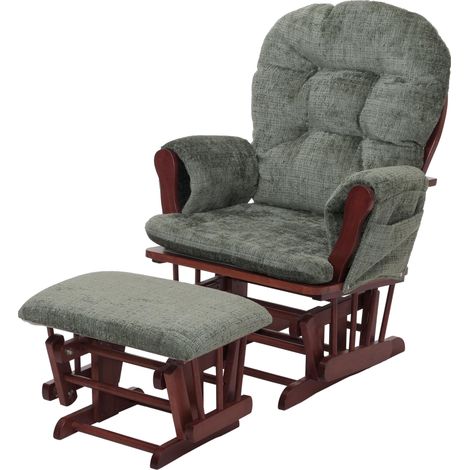 [NEUWERTIG] Relaxsessel HHG-009, Schaukelstuhl Schwingstuhl mit Hocker Stoff Chenille (465g/m²) Öko-Tex grün, Gestell dunkel