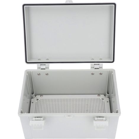 Boîte de jonction électrique grise à couvercle à charnière, étanche IP67, coffret de protection pour extérieur, project box étanche avec couvercle pivotant. (1/5)