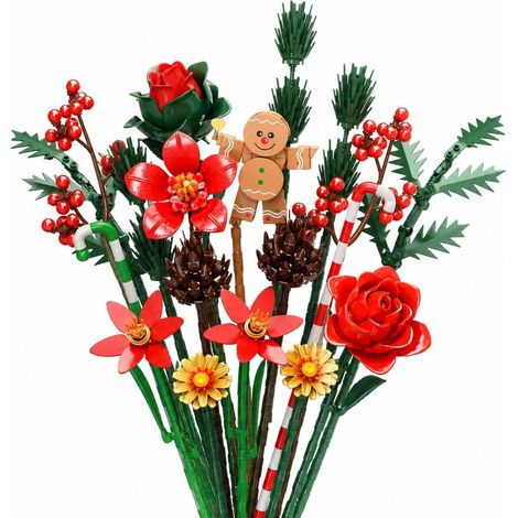 Ensemble de construction de bouquet de fleurs, modèle de vase tournesol et rose, décoration de bureau à monter soi-même 11028 Bouquet de Noël, 700 g (1/5)
