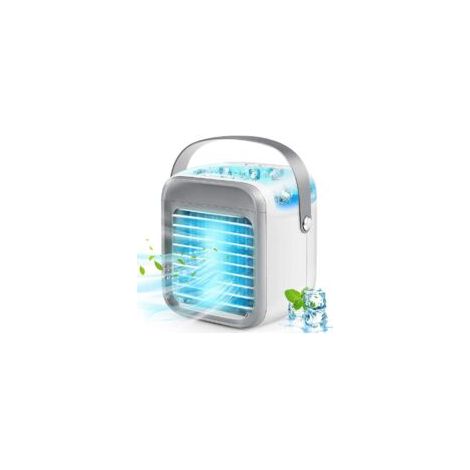 Ventilateur portable rechargeable USB avec fonction climatiseur, humidificateur et veilleuse pour bureau.
