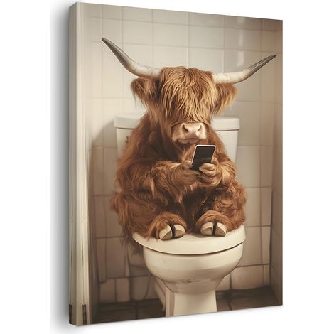 Tableau mural pour salle de bain 40 x 50 cm, 1 pièce sur toile avec cadre, motif écorce des Highland avec smartphone, images de salle de bain et WC d'invités, impression HD, avec bande (1/5)
