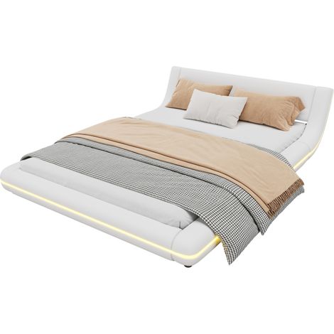 CHICFURN Cama baja 140x200 cm en cuero regenerado blanco con iluminación LED ambiental, estructura estable de MDF, estilo moderno y fácil limpieza para dormitorio (1/5)