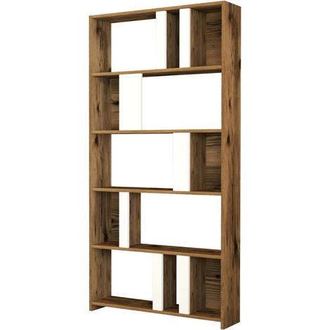 Dmora - Libreria Algieba, Scaffale da ufficio, Mobile portalibri, Biblioteca, 90x20h180 cm, Noce e Bianco, con imballo rinforzato, con imballo rinforzato (1/5)