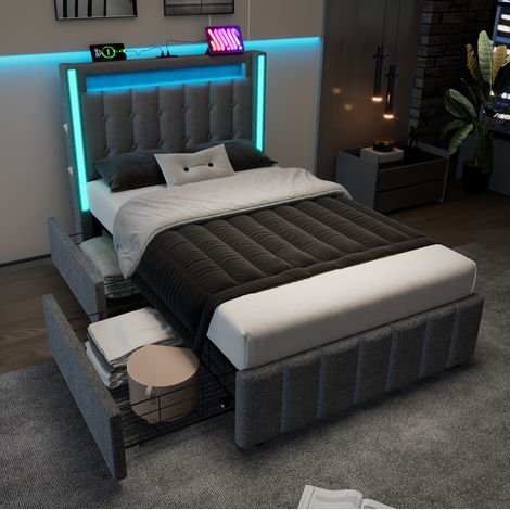 Bett Mit Bettkasten 90x200 cm Mit 2-Schubladen-Gestell Und USB-Anschlüssen, Grauer Stoff (1/5)