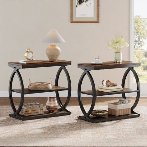 Tribesigns 2-er Set End Table, Narrow 3-Tier End Table for Living Room, Industrial Wooden Side Table with Metal Frame, Small Bedside Nightstand for Bedroom, Small Spaces, Rustic Brown (1/5)