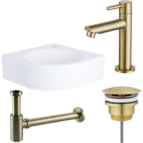 FugaFlow Eccelente Pietra ensemble lavabo - 30x30x10cm - 1 trou de robinet - angle - céramique - robinet de lavabo en laiton brossé - blanc brillant