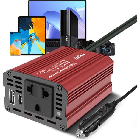 Convertidor de potencia de 150 W, adaptador de encendedor de cigarrillos de 12 V a 220 V CA con cargador USB + Tipo-C para teléfono y computadora portátil. (1/5)