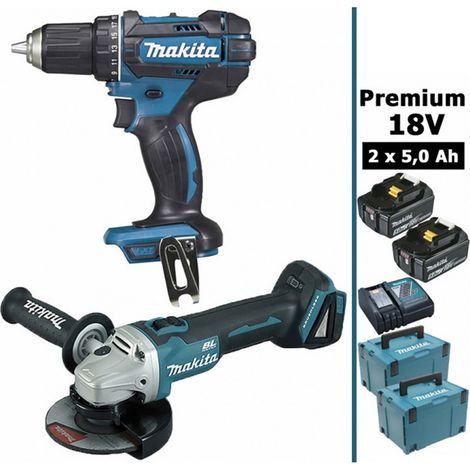 Makita – Pack d'outils électroportatifs 18V – Perceuse 62Nm DDF482 – Meuleuse 125mm DGA504 – 2 batteries 5Ah – Coffret MakPac MAK28730RTJ