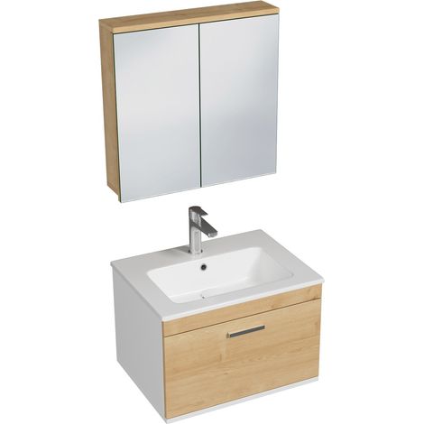 RUBITE Meuble salle de bain simple vasque 1 tiroir chêne clair largeur 60 cm + miroir armoire (1/5)