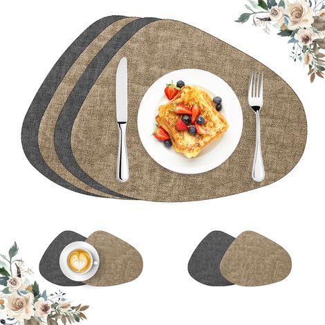 4pcs Set de Table et Dessous Verre,Ovale Imperméable Set de Table Rond Cuir PU Lavable, Antidérapant Résistant à la Chaleur Placemats pour Cuisine-Double Face (1/5)