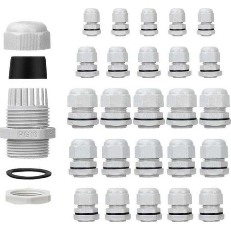 Packung mit 25 wasserdichten Kabelverschraubungen – verstellbar – PG7, PG9, PG11, PG13,5, PG16 – Kabelverbinder – Überwurfmuttern – Kunststoffdichtungen mit Unterlegscheibe – weiß – LAOA