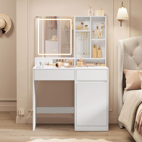 Coiffeuse avec Miroir LED, Éclairage 3 Couleurs Réglable, Table de Maquillage, Largeur 90 cm, Tiroir, Multiprise, Rangement, Chambre, Style Moderne, Blanc Nuage (1/5)