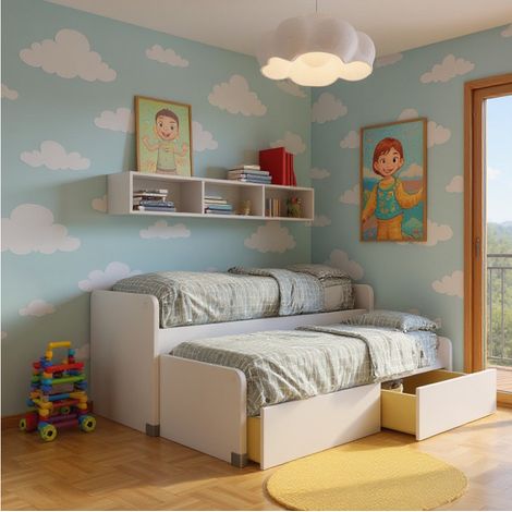 Coppia letti singoli scorrevoli con ruote e contenitori - Made in Italy - Bianco
