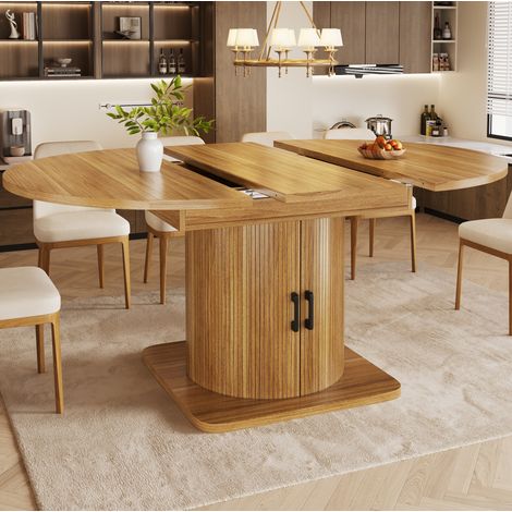 Tavolo da pranzo allungabile 118-158x118 cm con vano contenitore, ripiani estraibili e portabicchiere, in MDF marrone scuro (1/5)