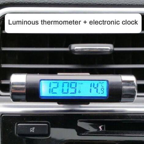 Reloj termómetro para coche con forma de barril, pantalla LCD, clip para rejilla de ventilación con LED, reloj termómetro digital para coche (1/5)