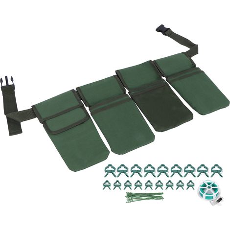 Kit d'outils de jardinage comprenant un sac banane vert, des clips de support pour plantes et des attaches de câble réglables. (1/5)