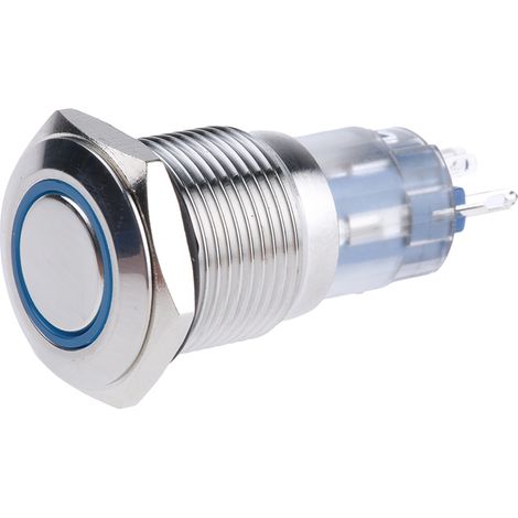 Bouton-poussoir, Momentané lumineux, LED Bleu, Unipolaire à deux directions (1RT), 3 A @ 250 V c.a., Argent, Montage ( Prix pour 1 ) (1/2)