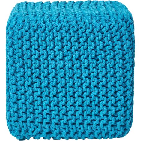 HOMESCAPES Teal Blue Cube Cotton Knitted Pouffe Footstool
