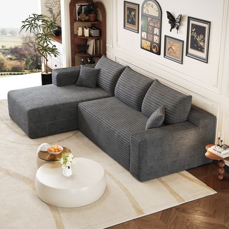 Divano moderno minimalista, senza montaggio, imbottitura in schiuma elastica, tessuto a coste, grigio scuro (1/5)