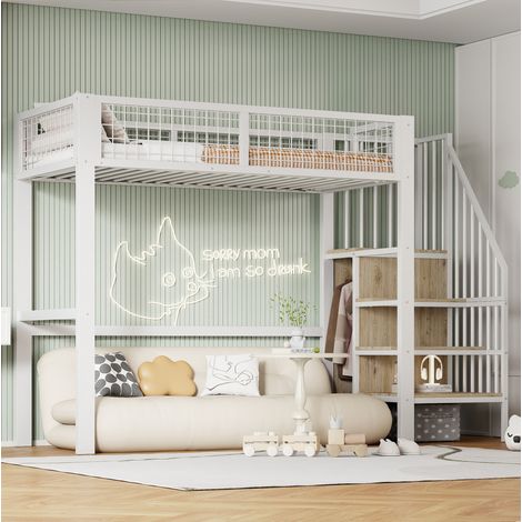 Letto a soppalco 90x200 cm bianco in metallo con scala e armadio (1/5)