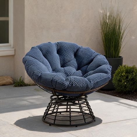 Fauteuil papasan rotin pivotant 360° avec coussin bleu en acier (1/5)