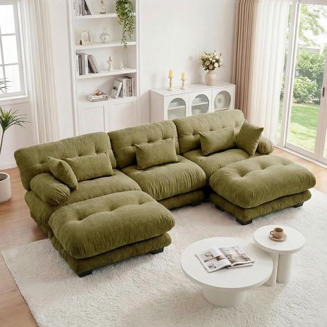 Canapé d'angle modulaire luxueux - Canapé nuage surdimensionné en forme de U pour salon, canapé-lit convertible à assise profonde avec pouf, chenille verte (1/5)