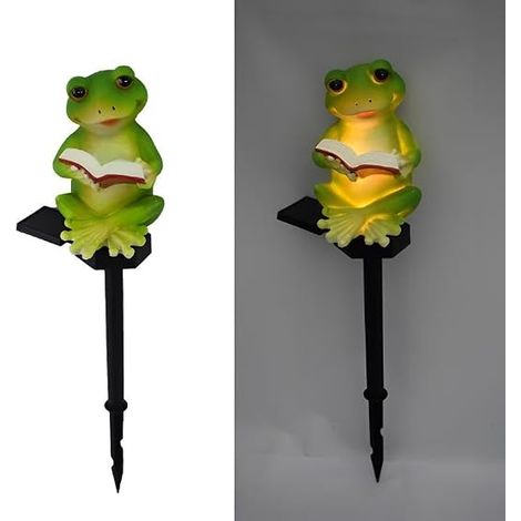 Lumière de lecture grenouille alimentée par le soleil, résine de décoration jardin mignonne lumière du sol animale, lampe LED sans fil au crépuscule à l'aube imperméable. (1/5)
