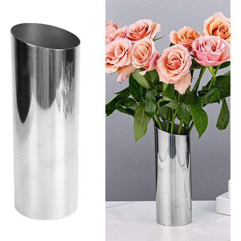 Vase cylindrique en acier inoxydable 304 argenté avec orifice incliné pour arrangement floral moderne - 7.5x21cm (1/5)