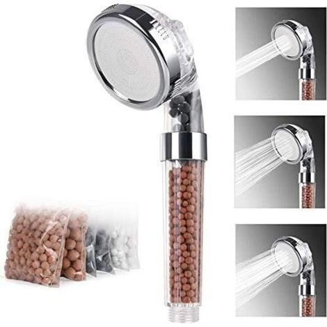 Filtration de douche à main avec 3 types de jets et 6 pommeaux de douche interchangeables, filtre anticalcaire, pommeau de douche à économie d'eau augmentant la pression pour les douchettes à jet mass (1/3)