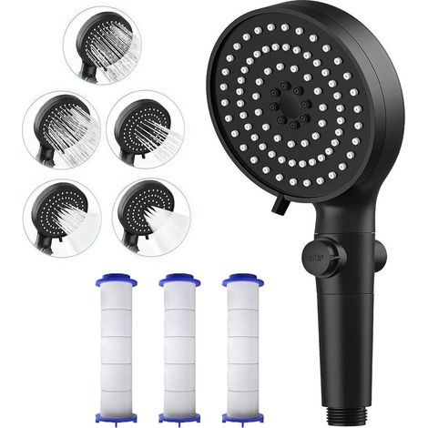 Pommeau de Douche avec 3 Filtres (Bouton Arrêt +5 Mode Jet Réglable), Pommeau de Douche Anti Calcaire, Pommeau de Douche à Haute Pression Economie d’eau, Pression d'eau Bien Pour Se Laver Les Cheveux (1/5)