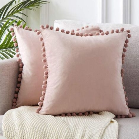 Housse de coussinHousses de coussin en velours avec pompons, taie d'oreiller carrée décorative, douce et solide, pour canapé, salon, canapé, chambre à coucher, rose, 18 pouces (1/2)