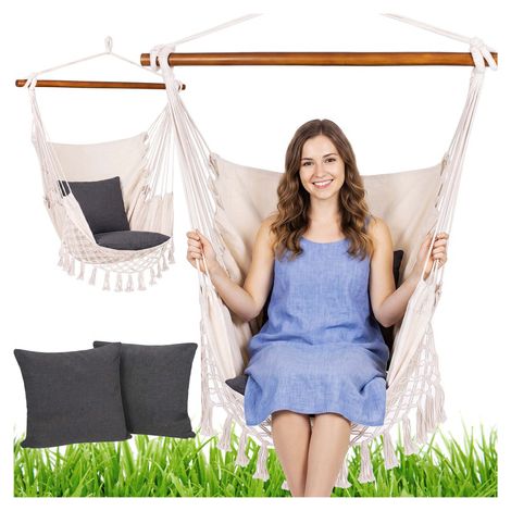 SPRINGOS Hamaca suspendida con flecos 2 cojines hamaca columpio barra 130 x 100 cm (1/5)