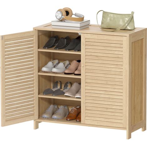 Meuble à chaussures en bambou 14 paires armoire portes persiennes étagères réglables bois naturel