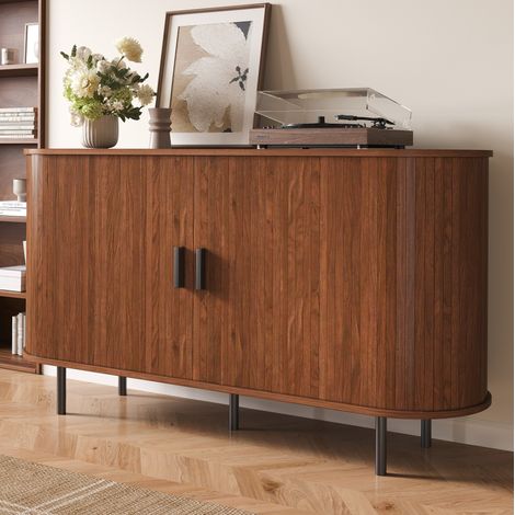 Credenza 140 x 40 x 75 cm con 2 porte scorrevoli, 4 scomparti, noce OKMYHOME (1/5)
