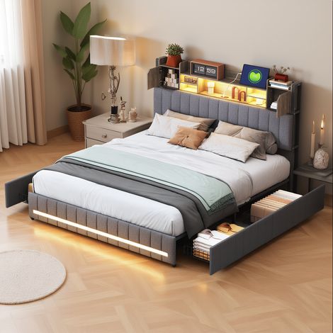 Polsterbett 140x190 cm, Doppelbett mit LED und USB-Ladestation, Modernes Jugendbett mit Stauraum, Bettgestell mit Kopfteil und Lattenrost, Leinen Grau, Ohne Matratze