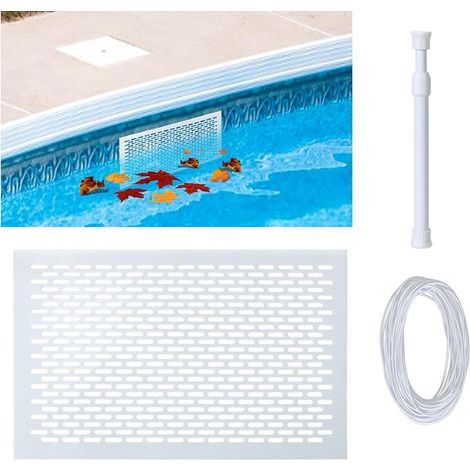 Protection anti-feuilles pour skimmer de piscine enterrée ou hors-sol. Filet de protection antirouille pour skimmer de piscine. Équipé d'une corde élastique et d'une tige télescopique pour une install (1/5)