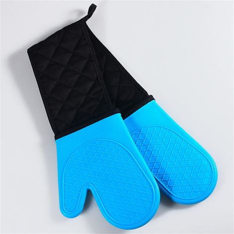 Gants de cuisine en silicone résistants à la chaleur, longs et bleus