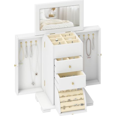 Boîte à Bijoux Femme à 4 Niveaux, Coffre à Bijoux en Bois avec Ailes, Miroir et 2 Tiroirs, 26,5x16 x33,5 cm, Blanc