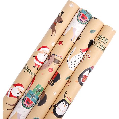 Lot de 20 papiers cadeaux Noël, papier kraft - flocons, voitures, sapins, rayures et Joyeux Noël (1/5)