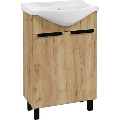 Waschtischunterschrank von Oak Craft – 50 cm – Integriertes Waschbecken – Mattgold – Schwarze Griffe