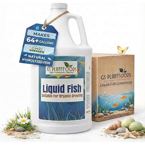 GS Plant Foods Liquid Fish Fertilizer - Organic Material Review Institute Listed (1 Gallon) – Natural Hydrolyzed Fish Fertilizer for Gardens, Lawns & Container Growing